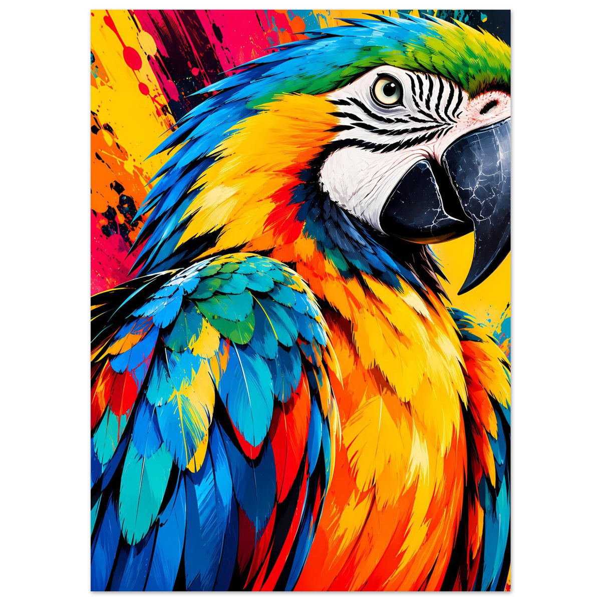 Parrot-Splash-Art Poster, Ara-Kopf mit grünem Scheitel und blauem Flügel