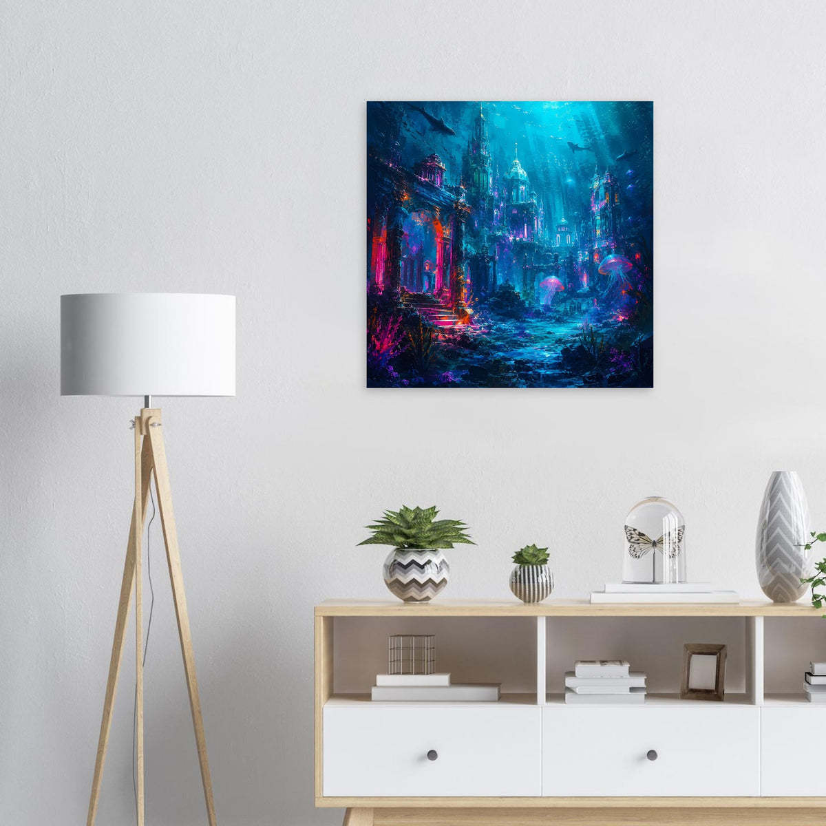 Quadratisches Poster mit Unterwasserpfad durch Ruinen und leuchtende Quallen, blau-violett