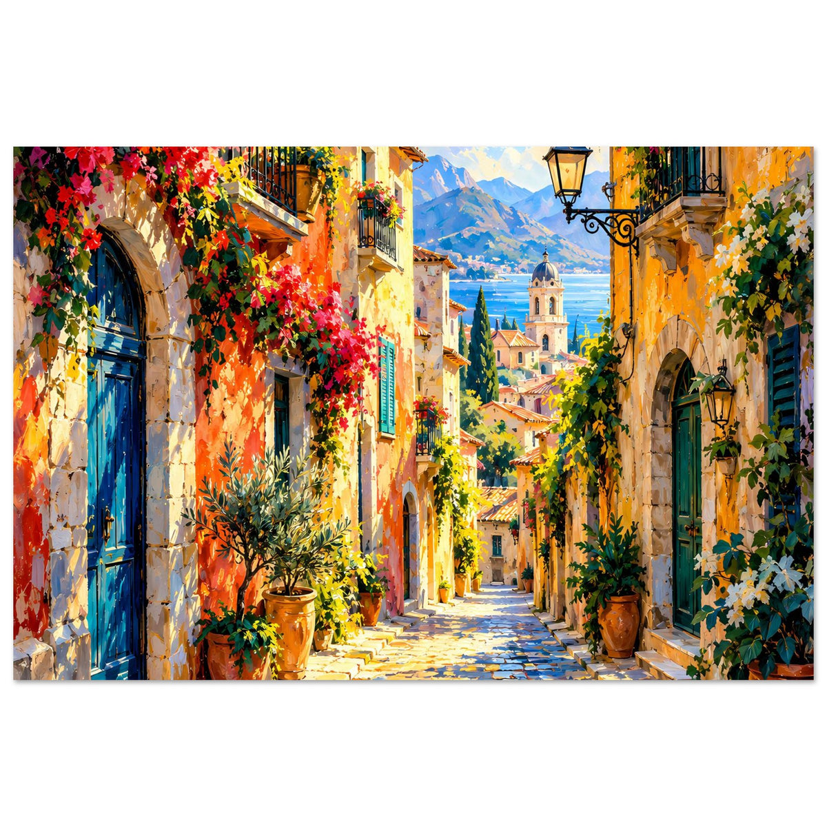 Mediterranes Gassen-Poster mit bunten Blumenranken, Topfpflanzen, Laterne und gelbem Fassadenlicht