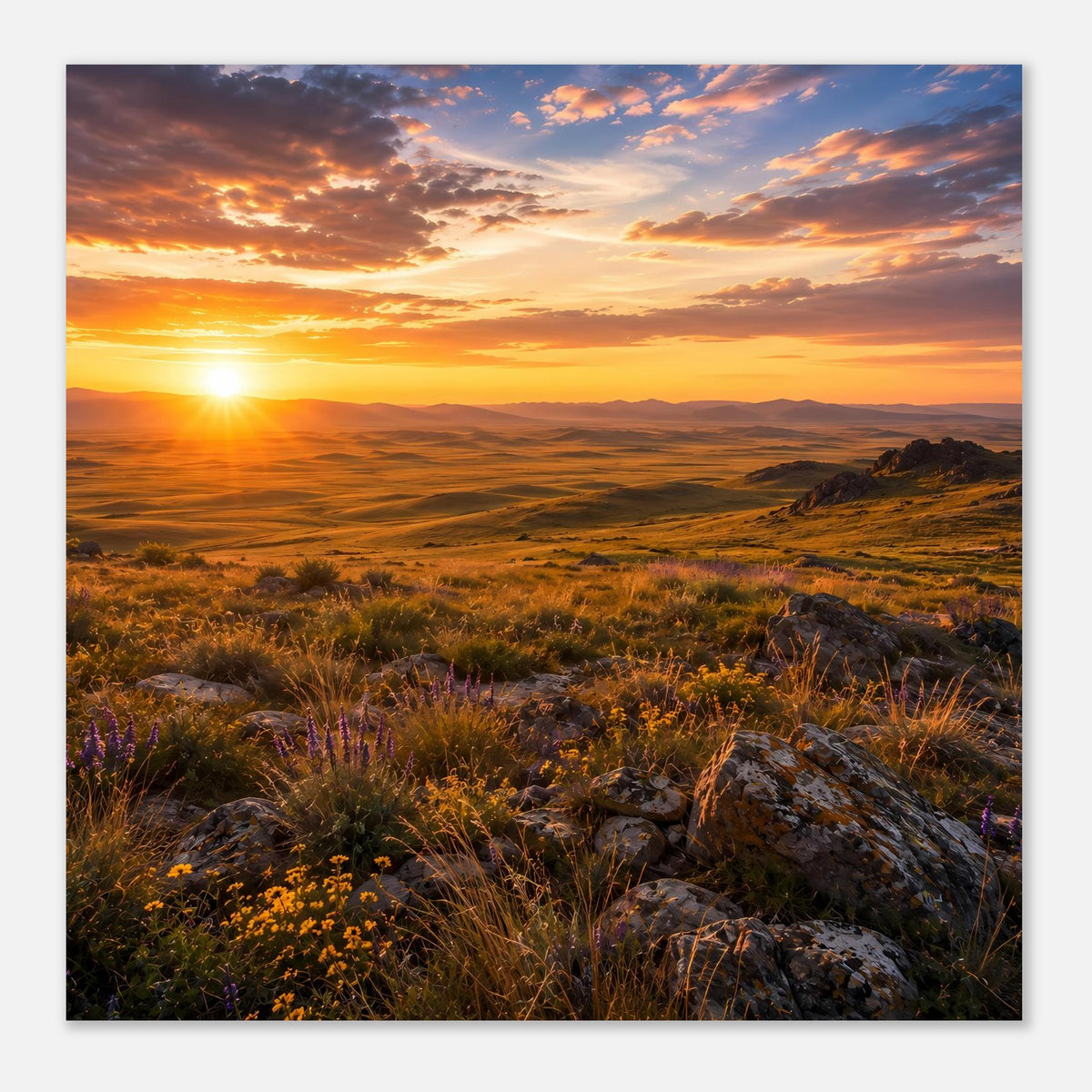 Naturposter mit Sonnenaufgang, orangefarbener Himmel und Landschaft mit Gras und Steinen