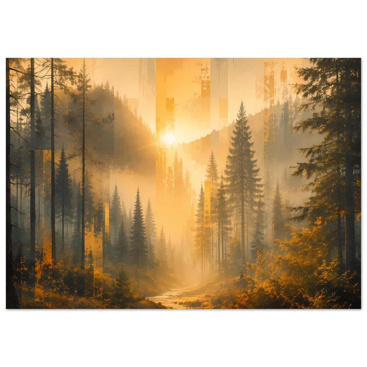 Wald-Poster im Querformat: goldene Sonne über Waldschlucht mit Fluss im Vordergrund