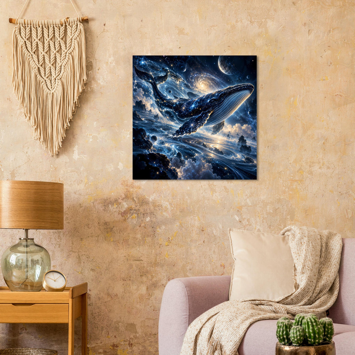 Quadratisches Fantasy-Poster: blauer Wal im Weltraum, umgeben von Sternen und Nebelschleiern