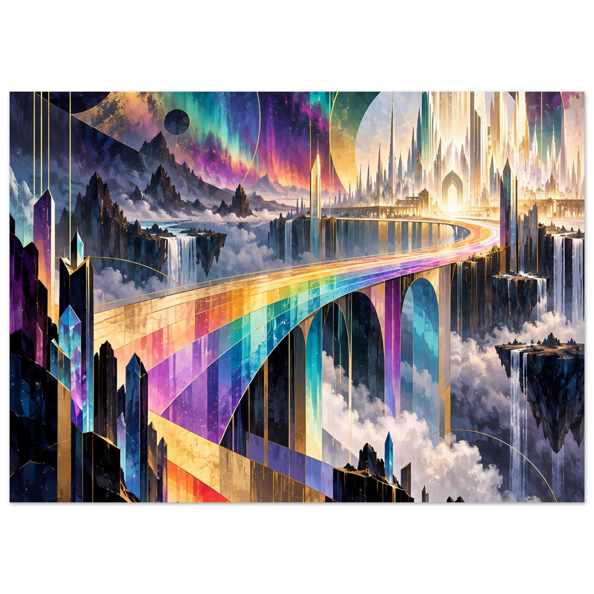 Regenbogenbrücke-Poster mit buntem Lichtbogen, Bergkulisse und Säulen, Querformat