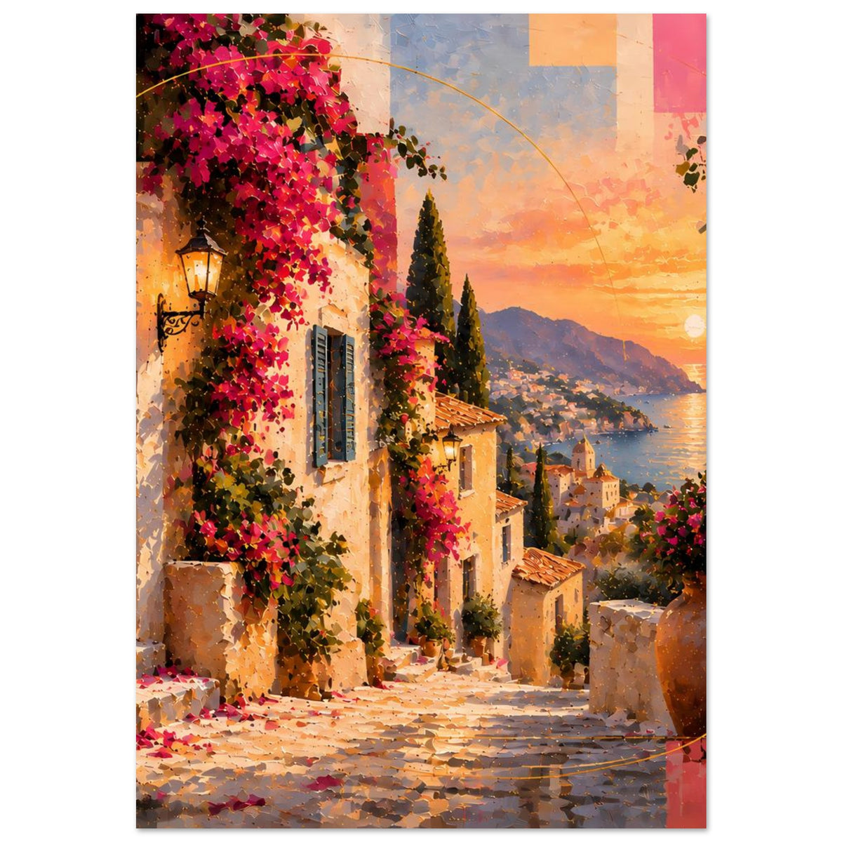Mediterranes Sonnenuntergangs-Poster mit blühender Hauswand, Gasse und Meer im Hintergrund