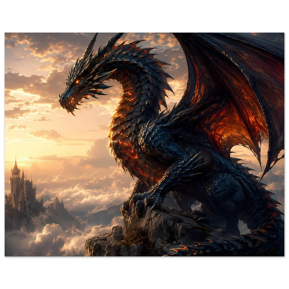 Fantasy-Poster im Querformat: blauer Drache mit dunklen Flügeln, leuchtende Augen über Wolken