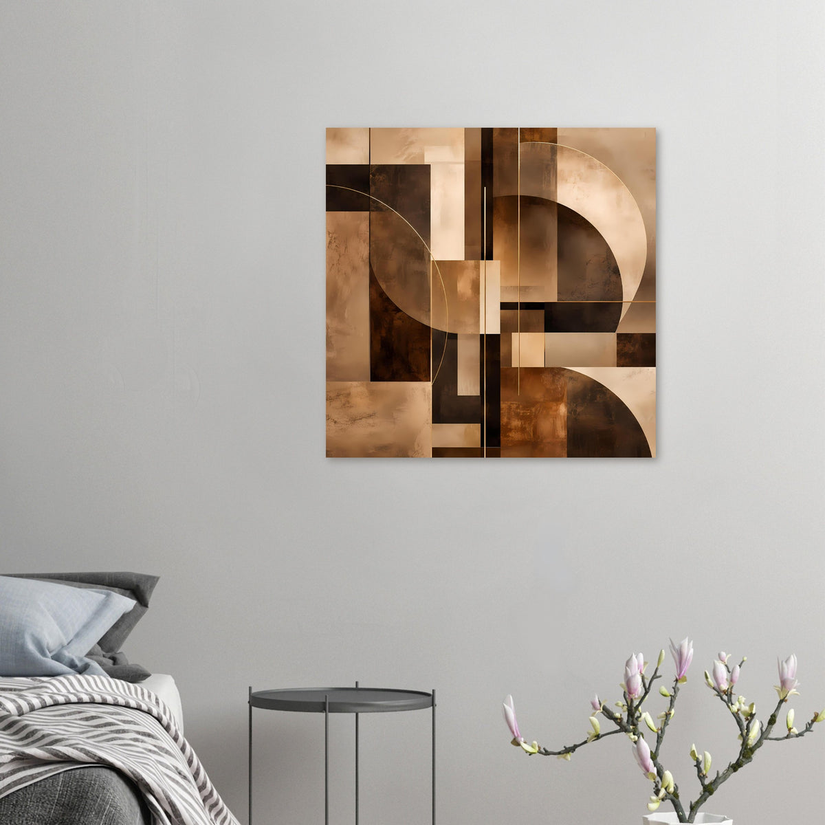 Abstraktes Poster im Quadrat mit warmen Braun- und Beigetönen, Blockformen und Bögen