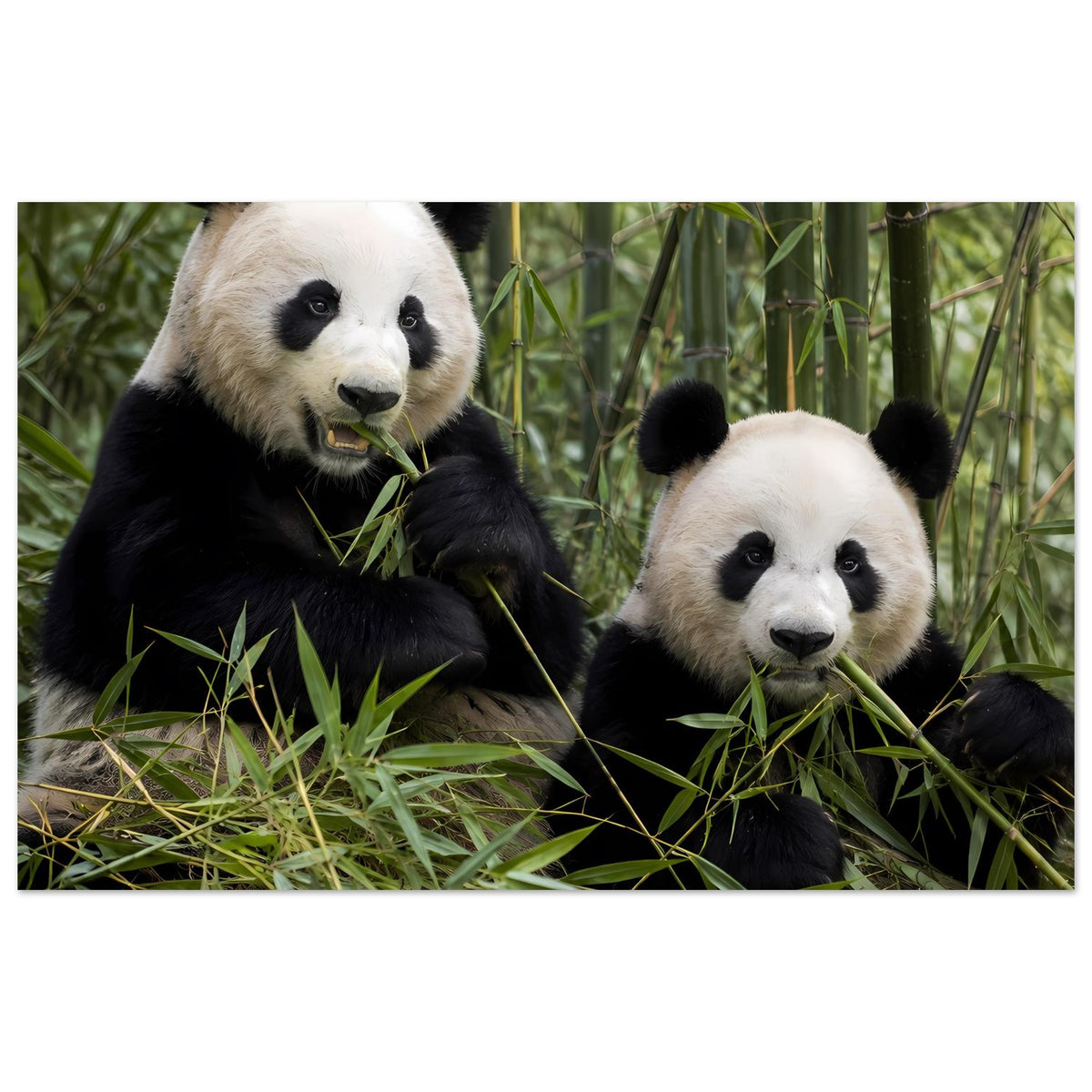 Breites Poster mit zwei Pandas im Bambus, Panda links frisst Gras