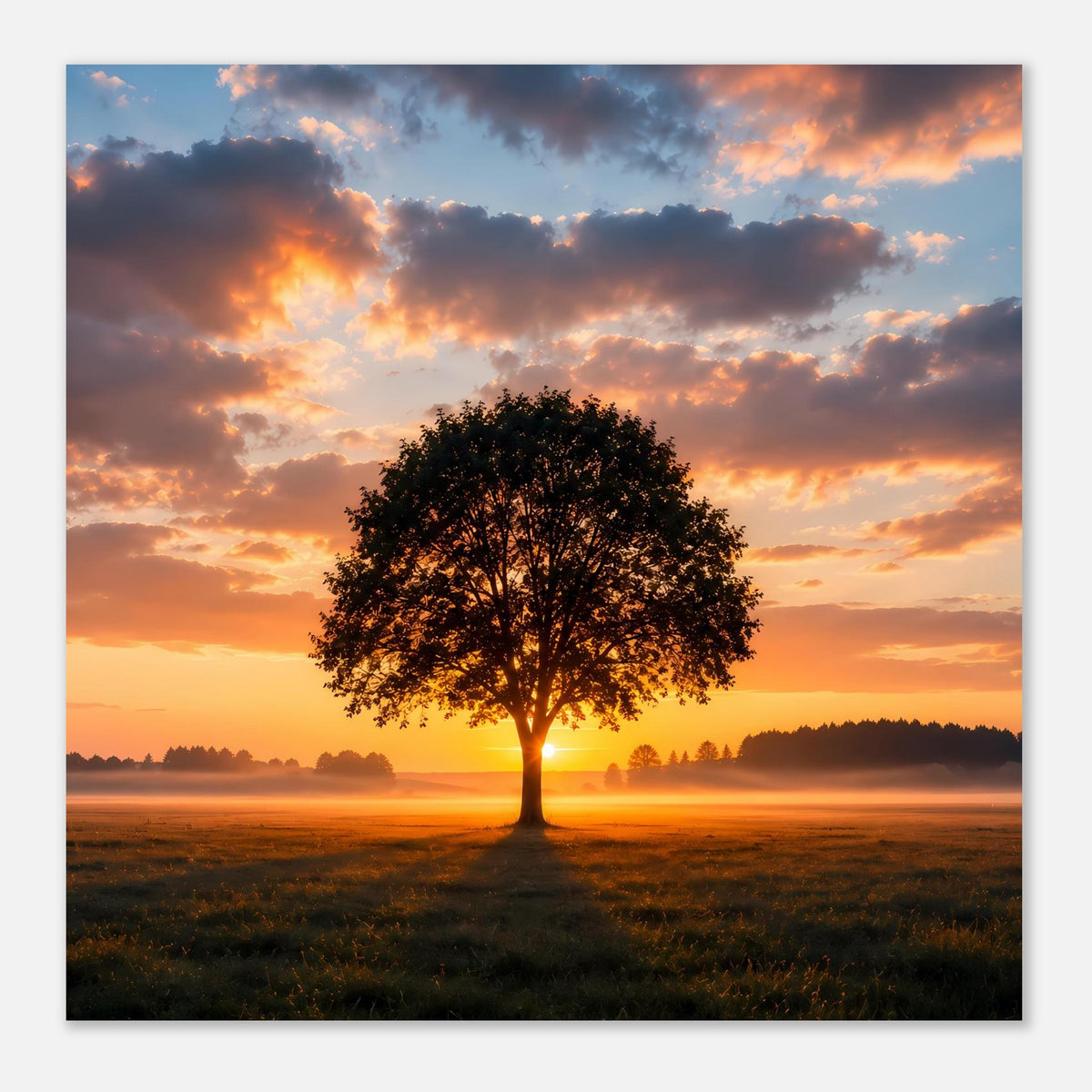 Gerahmtes Baum-Poster mit einzelner Baumfigur, Sonnenuntergang und dramatischen Wolken