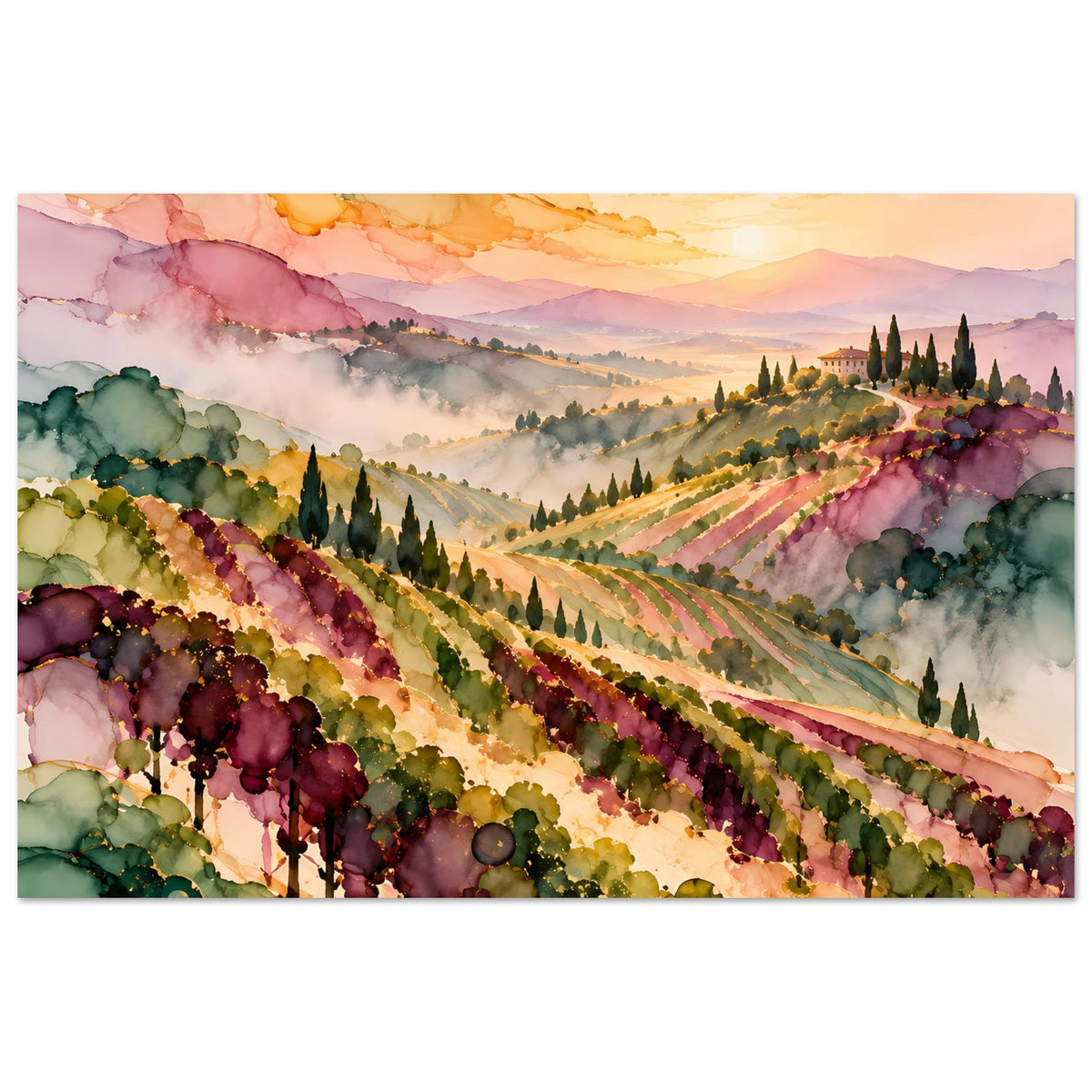 Landschaftsposter mit Weinreben-Terrassen, violettem Dunst, grünen Bäumen und hellem Gebäude