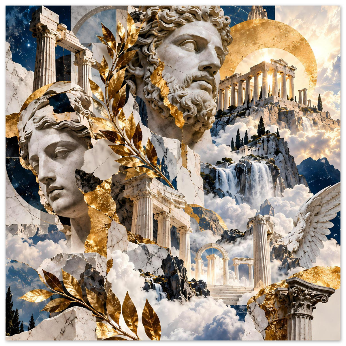 Querformat-Poster mit Antikstatue, goldenen Verzierungen, Säulen und Engelflügeln