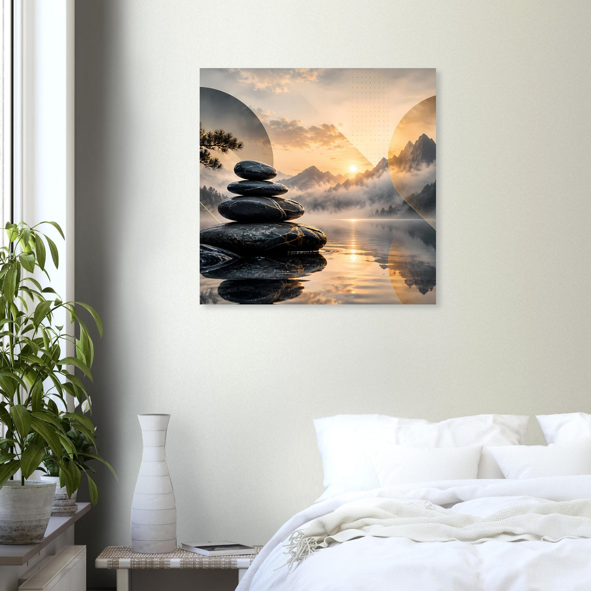 Quadratisches Poster mit Steinhaufen, Sonnenaufgang über Nebelbergen und Wasser