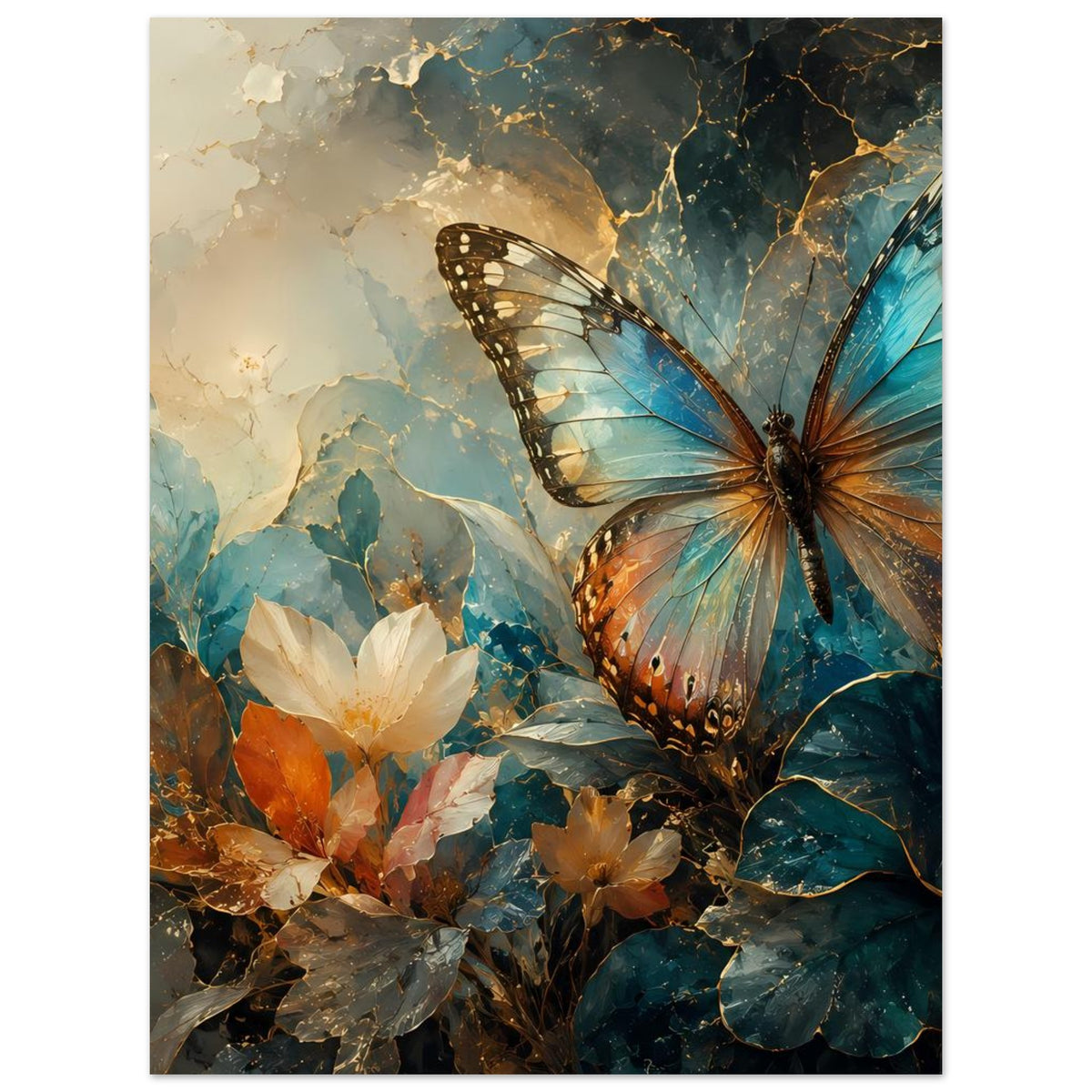 Vertikales Poster mit Schmetterling, blauen Flügeln und Blumen in warmen Goldtönen