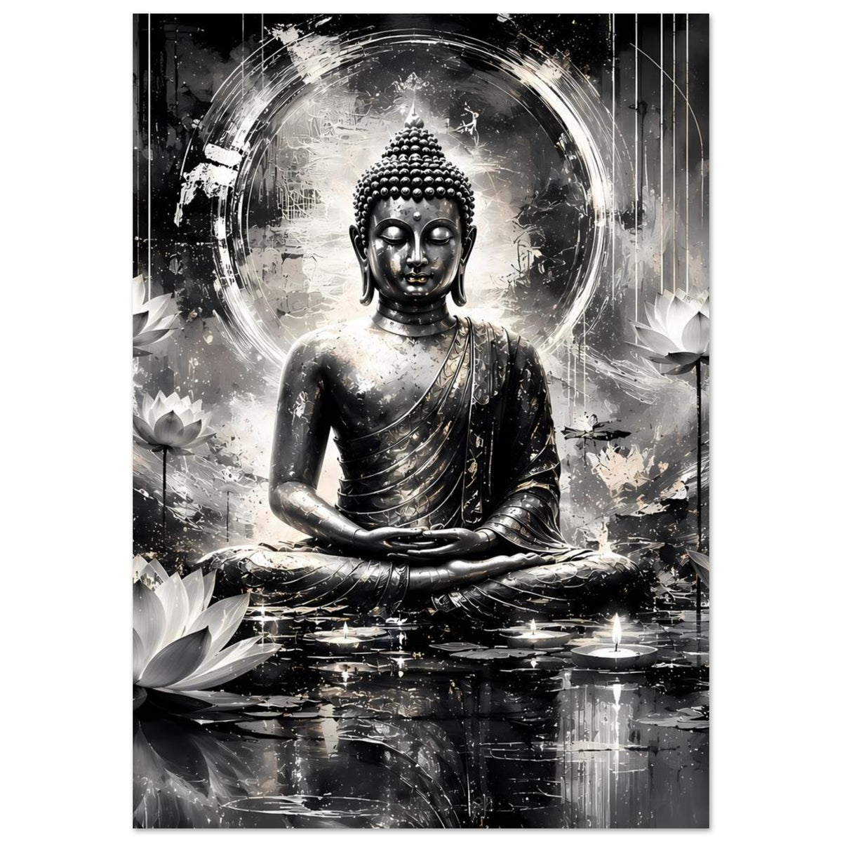 Kunstposter im Hochformat mit Buddha, Schwarz-Weiß, Kreis aus Licht und reflektierendem Boden