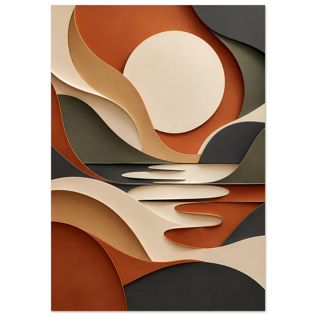 Kunstposter im Hochformat: geschichtete, gebogene Formen und Kreise in Terrakotta, Salbeigrün und Creme.