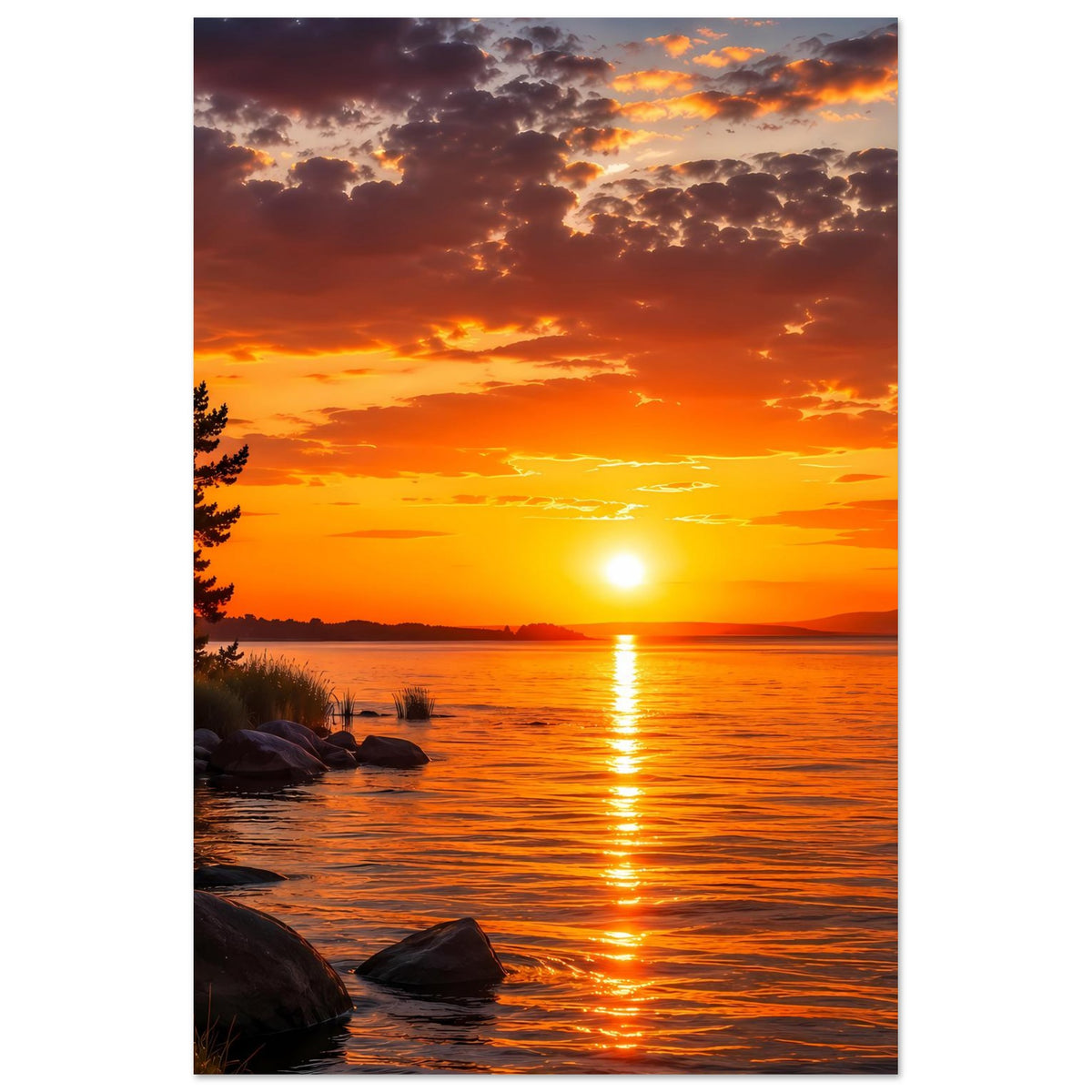 Wandposter mit Sonnenuntergang am See, orange-gelber Himmel, Wasserlinie und Ufer mit Steinen