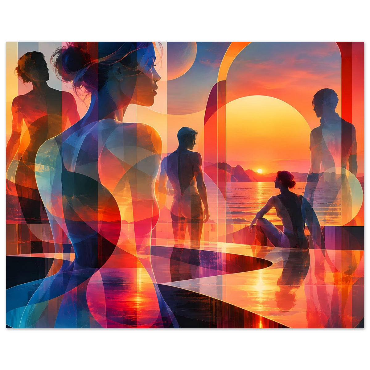 Kunstposter im Querformat mit Silhouetten, Sonnenmeer und Farbverlauf in Orange/Blau.