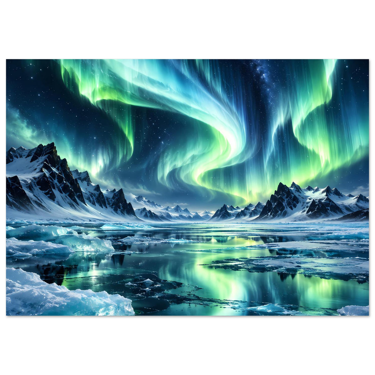 Horizontales Poster mit Nordlichtern über verschneiter Küste und spiegelndem Wasser