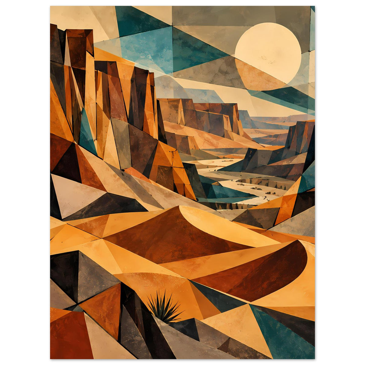Geometrisches Wüstenlandschafts-Poster mit polygonalen Formen, warmen Erdtönen und Sonnenscheibe
