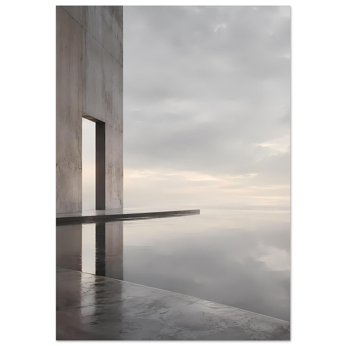 Architekturposter mit Betonbogen, schmalem Lichtspalt und reflektierendem Boden
