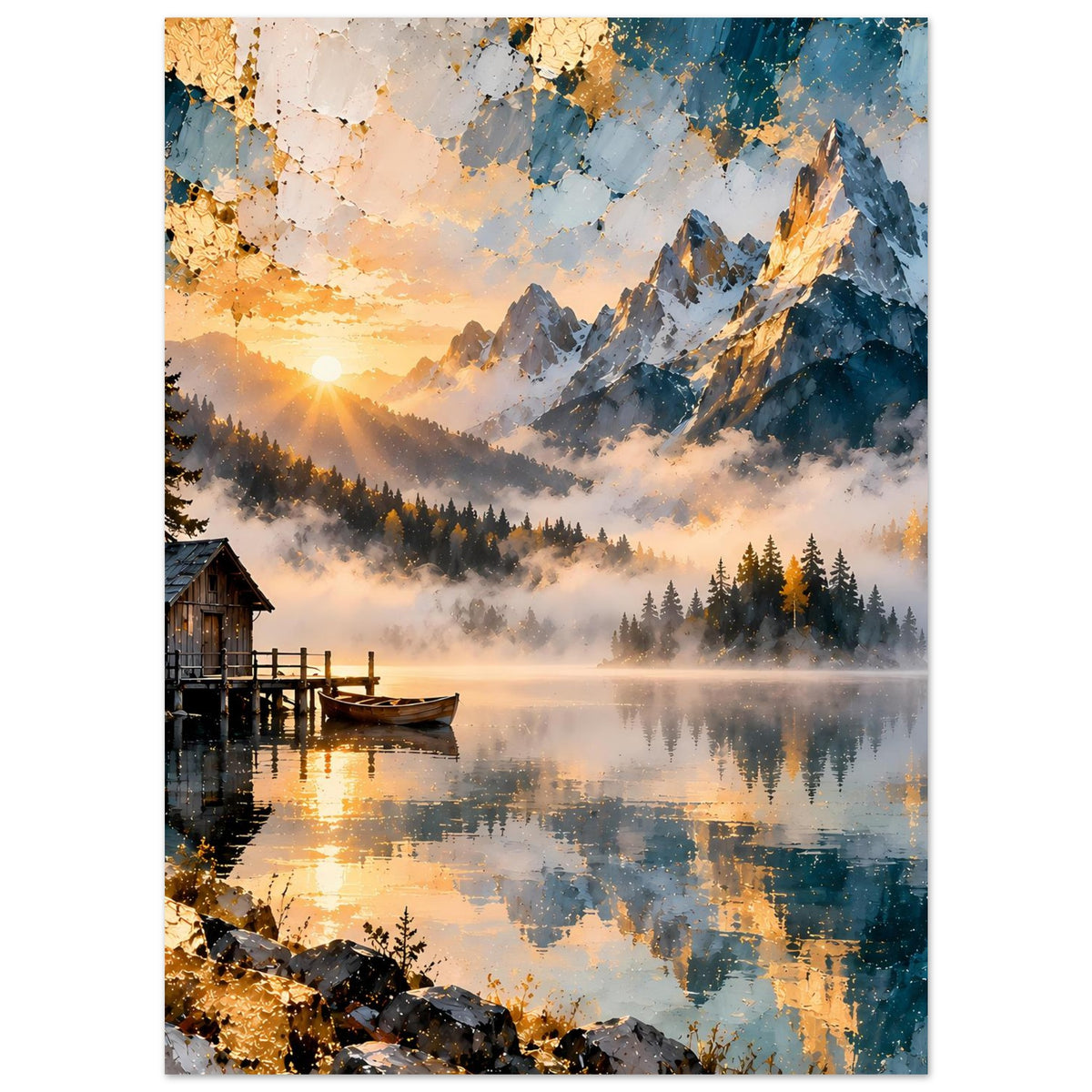 Vertikales Poster mit Bergsee, Sonnenaufgang, Nadelbäumen und spiegelndem Ufer