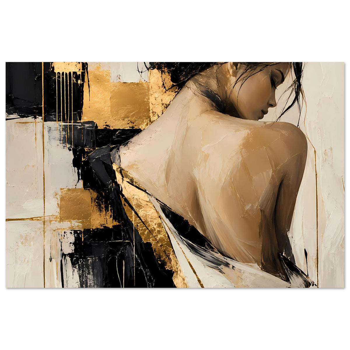 Abstraktes Damenportrait-Poster, horizontale Ansicht: weibliche Silhouette in Beige, Gold und Schwarz
