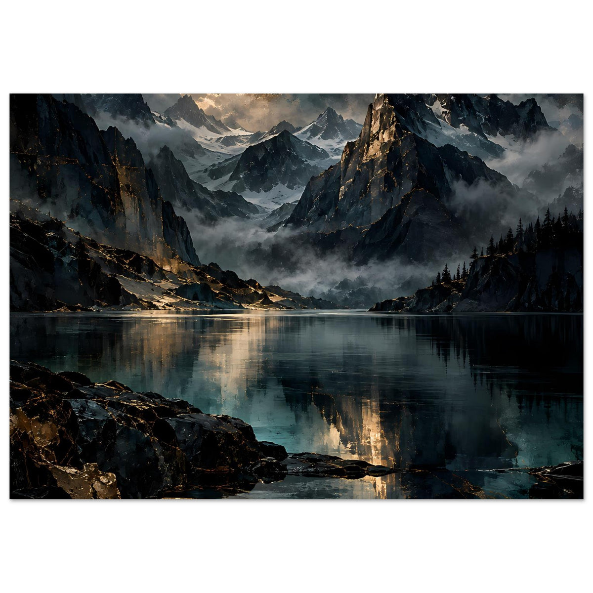 Horizontales Landschaftsposter mit Bergsee, Bergen und Nebel über dem Wasser