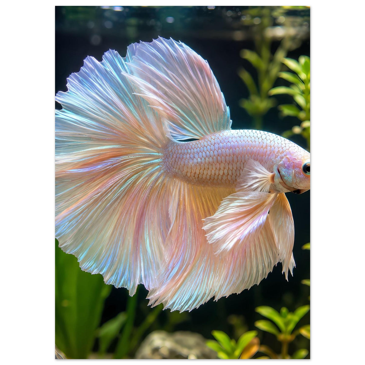Schillernder Betta-Fisch mit gespreizten Flossen, weiß-gelb, Details in Rosa und Blau