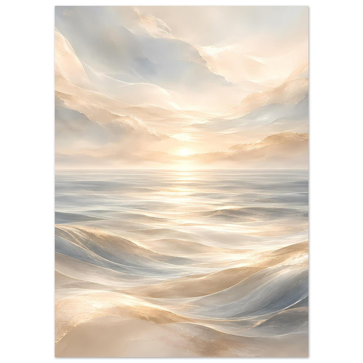 Ozeanwellen-Poster mit Sonnenaufgang am Horizont, pastellige Wellen in Creme- und Grautönen