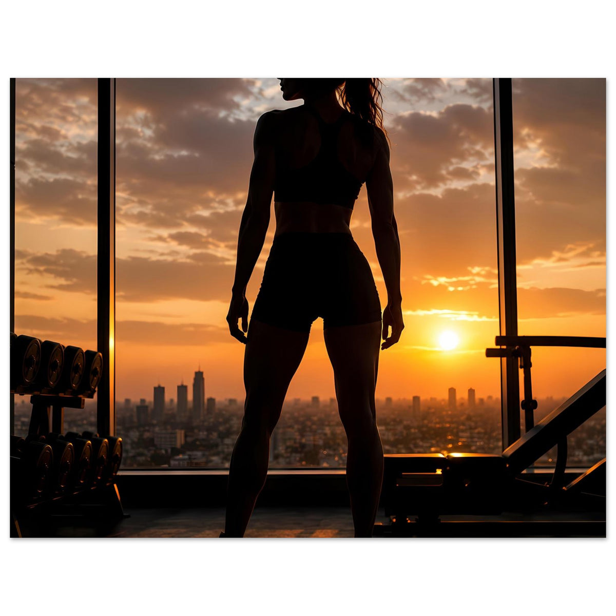 Fitness-Poster im Hochformat mit Silhouette der Sportlerin vor Sonnenuntergang am Horizont