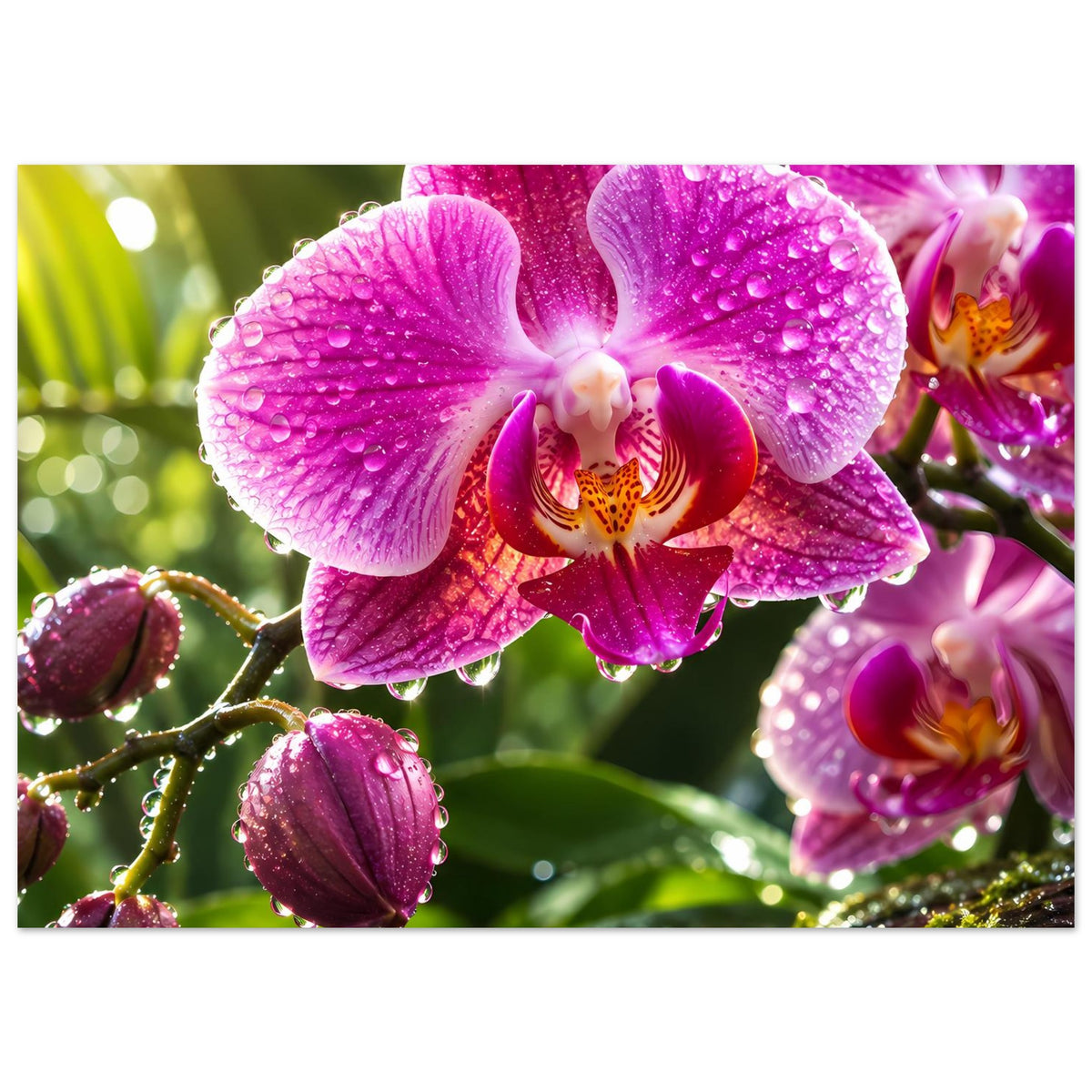 Querformat-Poster mit pinkfarbenen Orchideenblüten und Wassertropfen auf Blütenblättern