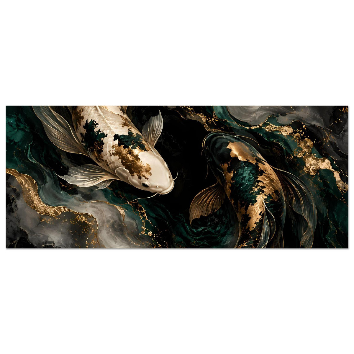 Kunstposter im Querformat mit zwei Koi-Fischen in Tiefgrün, Gold und Elfenbein