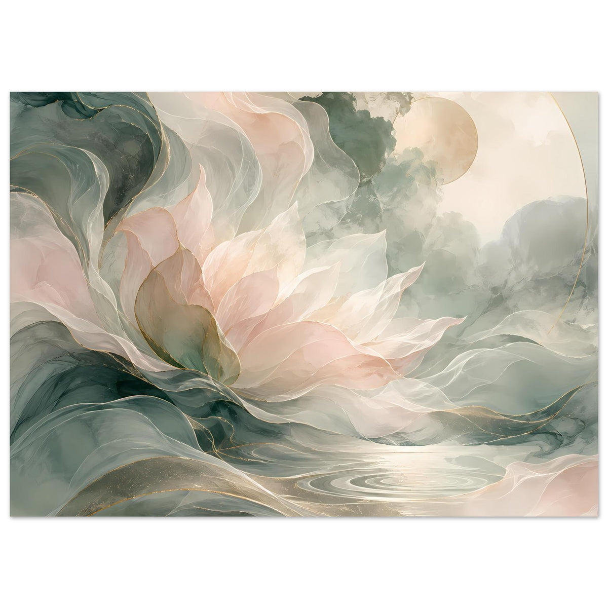 Horizontales Poster mit abstrakten Blüten, Salbeigrün, Pastellrosa und beigem Hintergrund