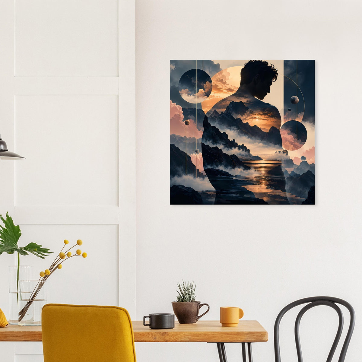 Quadratisches Poster mit Silhouette, Wolkengebirge, Wasser und warmer Abendsonne