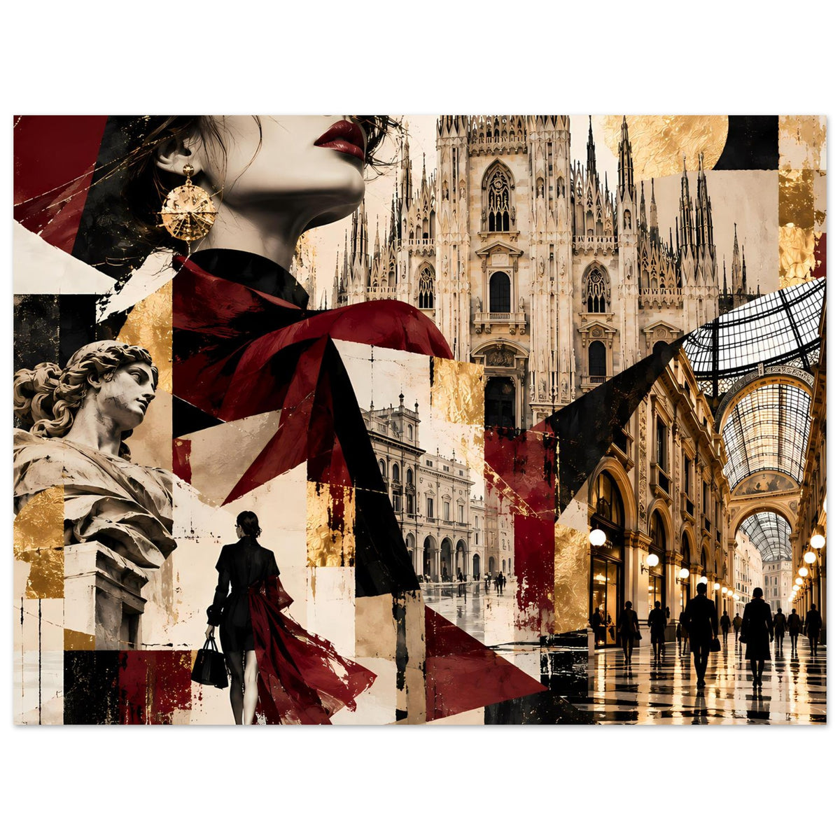 Horizontales Collage-Poster mit Porträt, Kathedrale und Flaggenmuster in Burgund und Gold