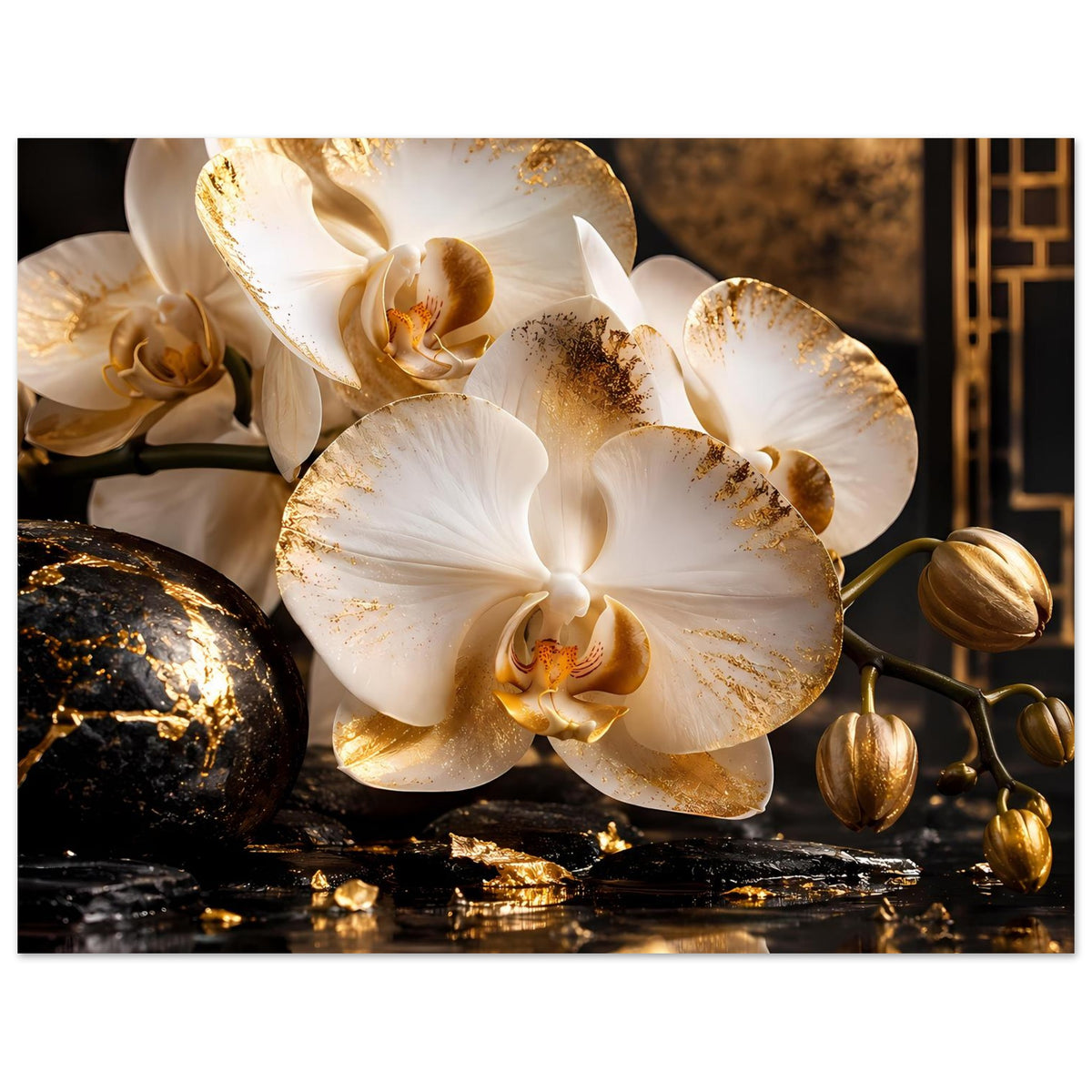 Poster: weiße Orchideen mit goldenen Akzenten, horizontales Format