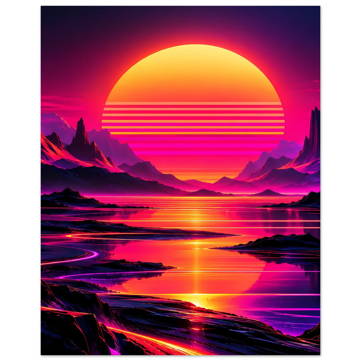 Neon-Kunstdruck im Hochformat mit leuchtender Sonne, Gebirge und Wasserlandschaft