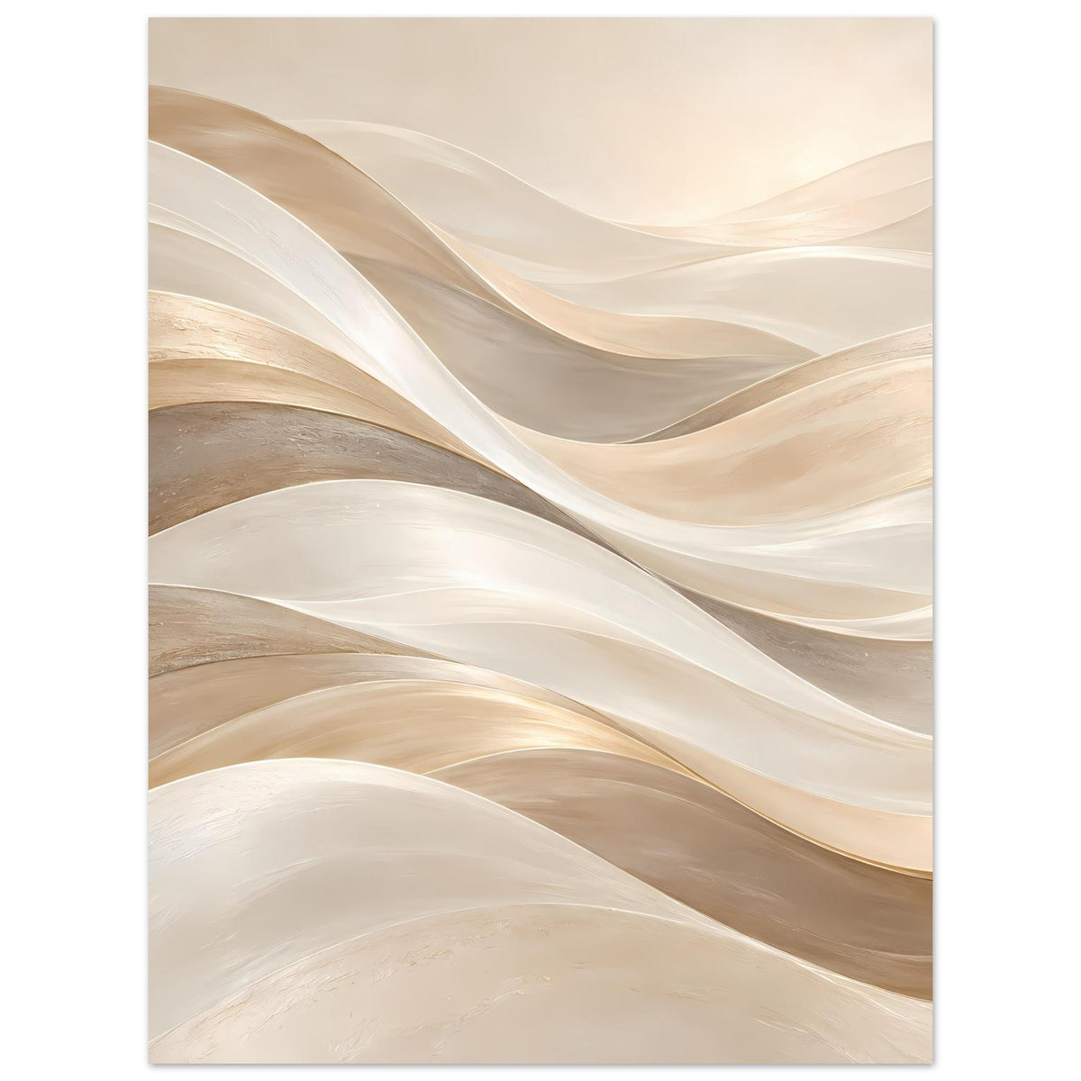 Kunstposter mit großflächigen Wellenformen in Creme und goldenen Akzenten