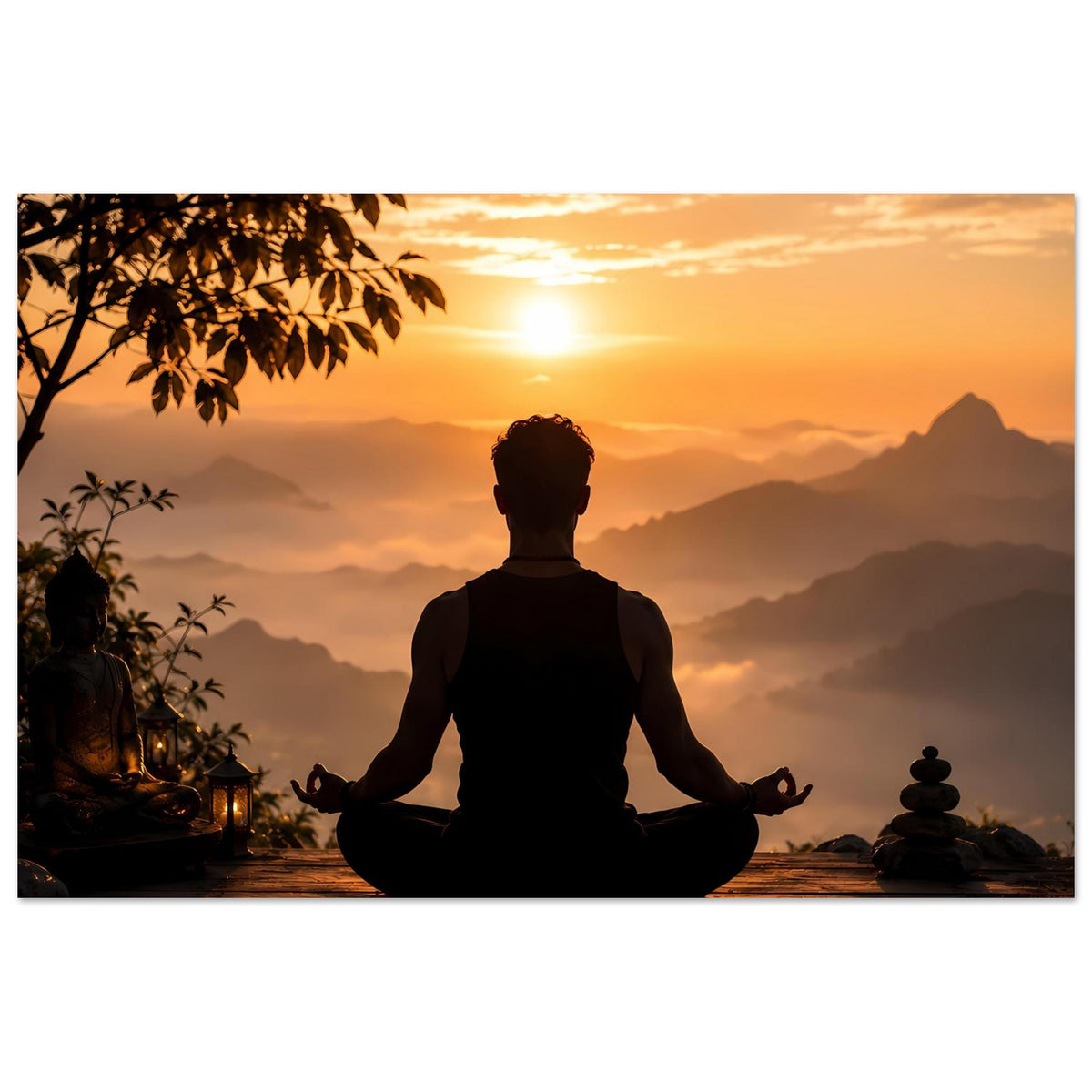 Meditationsposter mit Silhouette im Lotussitz, Holzplankenweg und Steinhaufen rechts