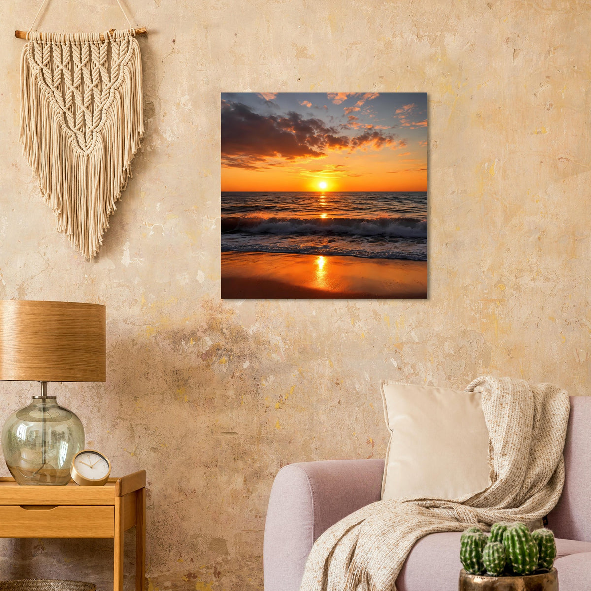 Quadratisches Poster mit Meerblick bei Sonnenuntergang und goldener Spiegelung im Wasser