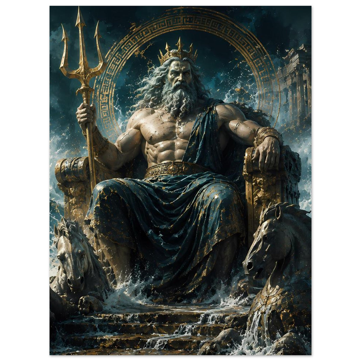 Poster mit Poseidon-Statue auf Thron, Meeresschaum und zwei Pferde seitlich