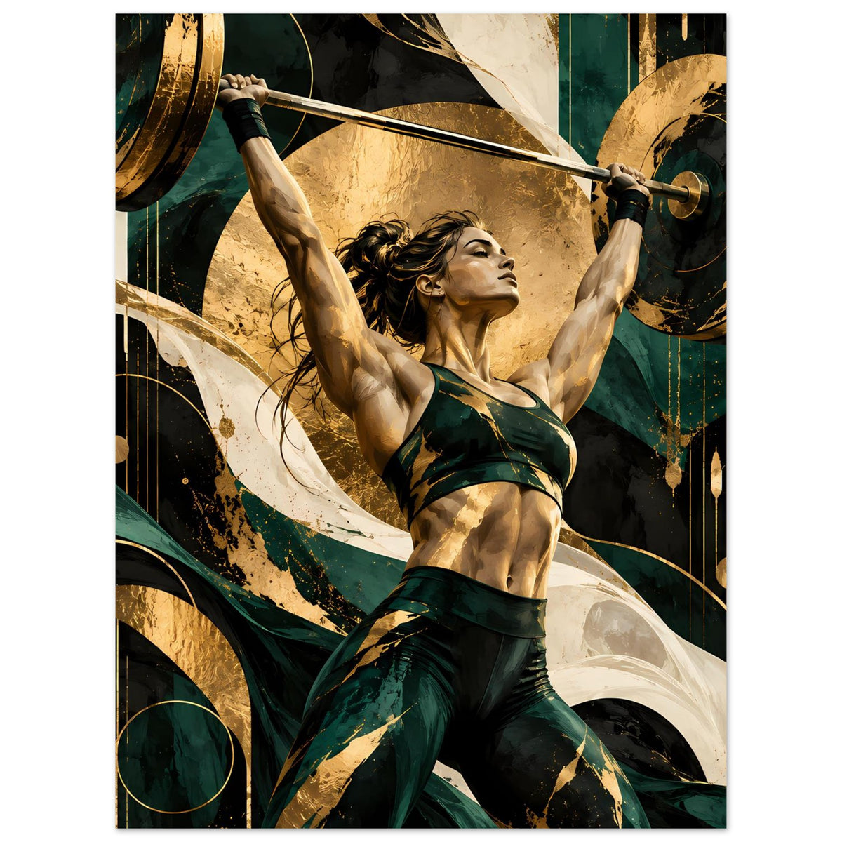 Kunstposter mit Athletin im grünen Outfit und goldenen Gewichten, dynamische Pose nach oben