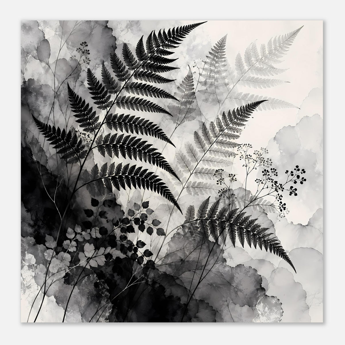 Botanisches Kunstposter mit Farnwedeln und Aquarell-Verläufen, Schwarzweiß, horizontal