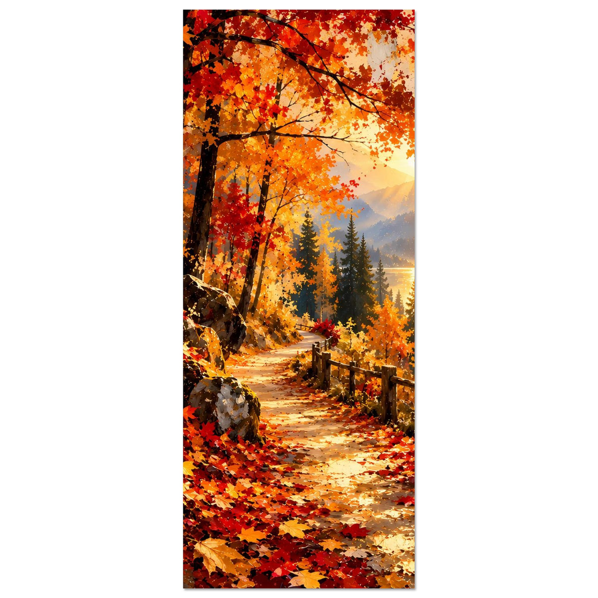 Vertikales Herbst-Wegposter mit Waldpfad, leuchtenden Blättern und Holzgeländer
