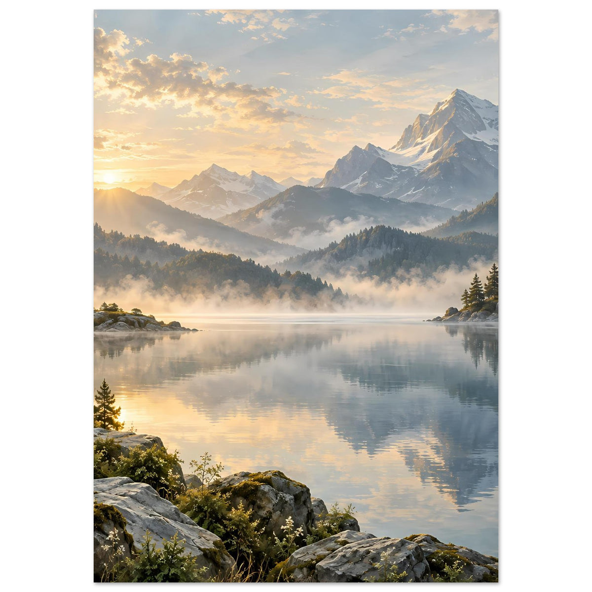 Landschaftsposter im Hochformat: goldenes Licht am Seeufer mit Bergen und Nebel.
