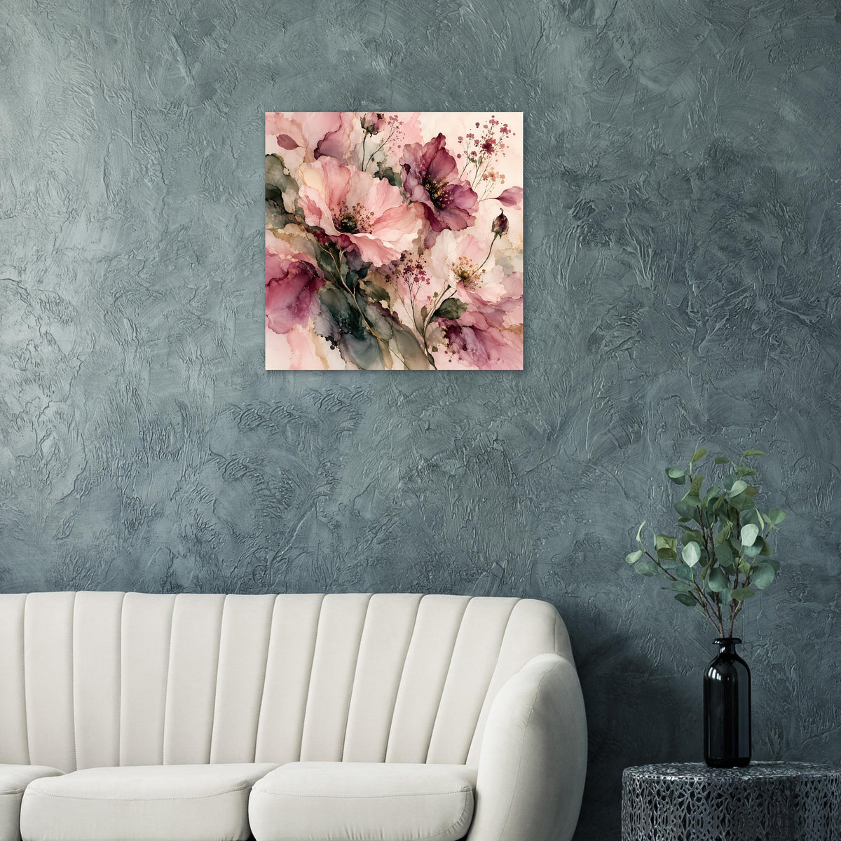Blumenposter mit rosa und burgunderroten Blüten, grünen Blattpartien und feinen Details