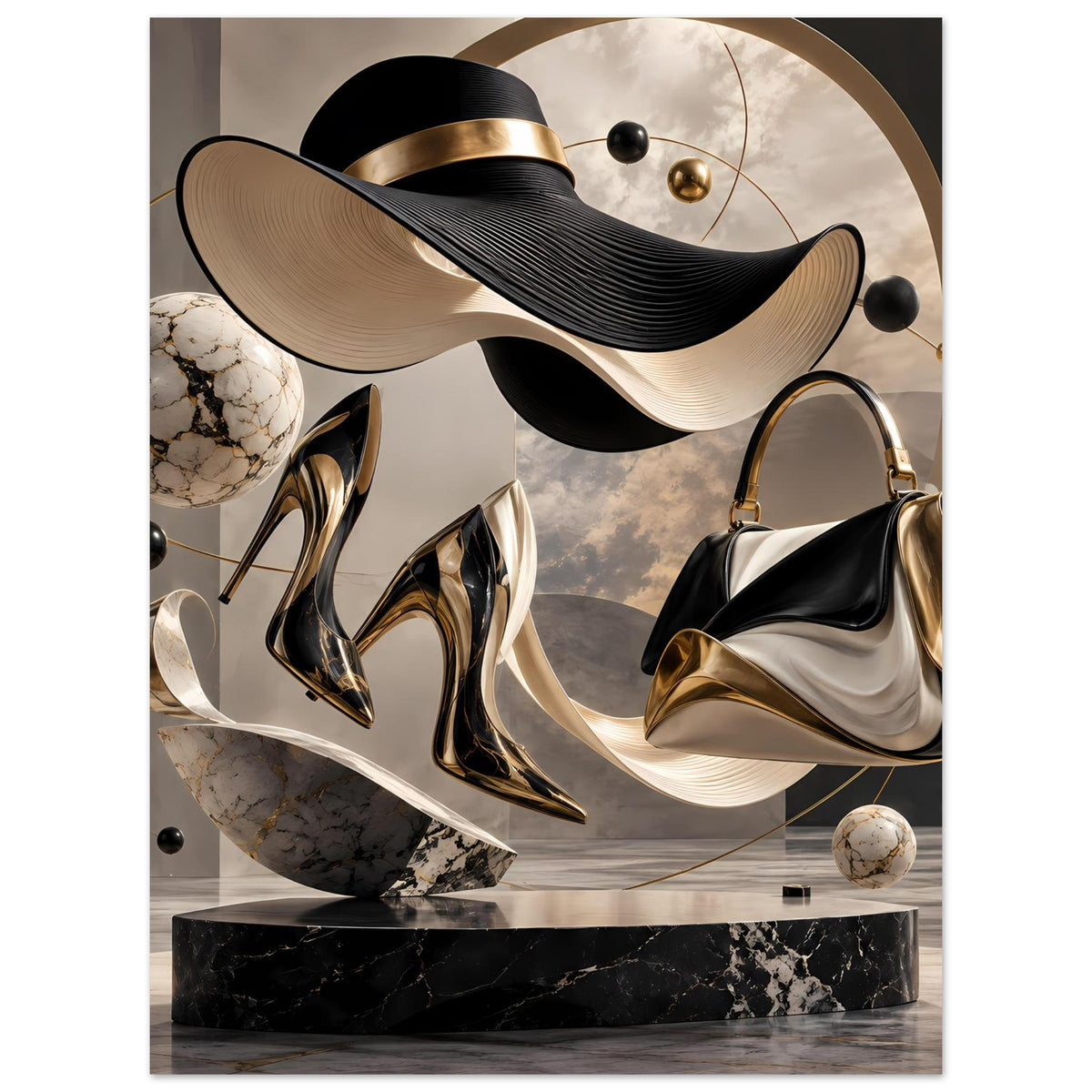 Modekunst-Poster mit Hut, High Heels und Handtasche in Schwarz/Gold