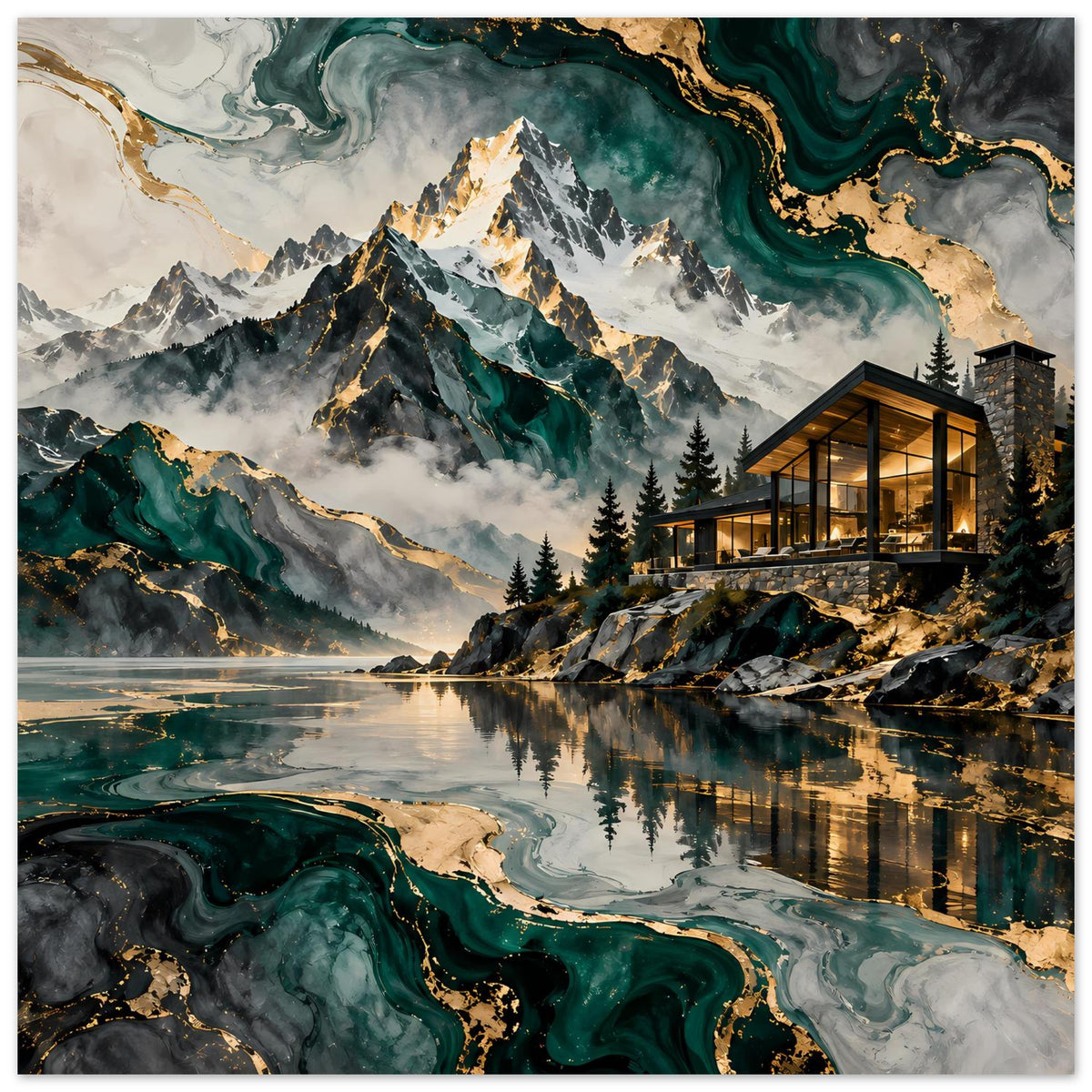 Naturblick-Poster: detailreicher Blick auf Berge, Tannen und goldene Akzente am See