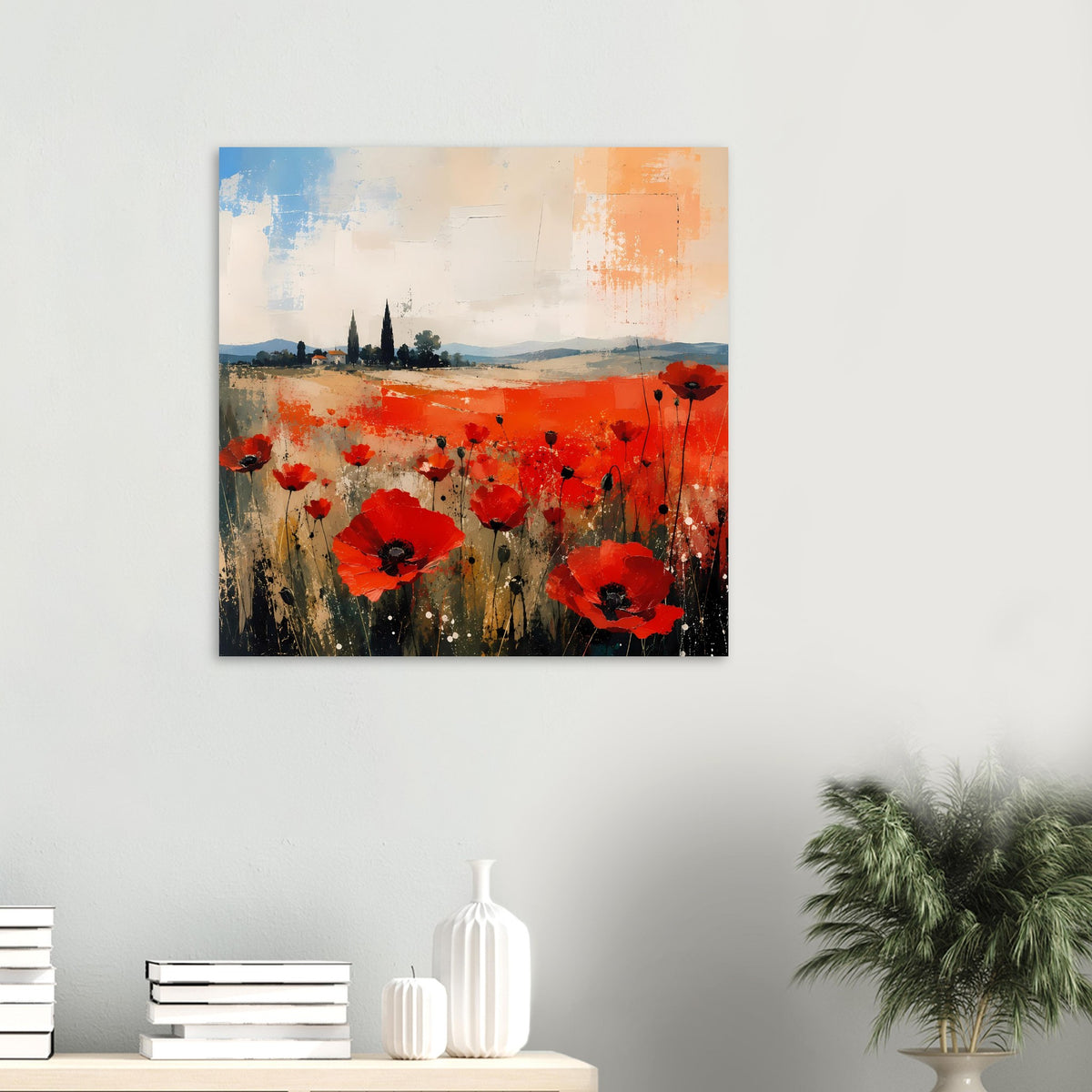 Gerahmtes Poster mit quadratischer abstrakter Landschaft und roten Mohnblumen