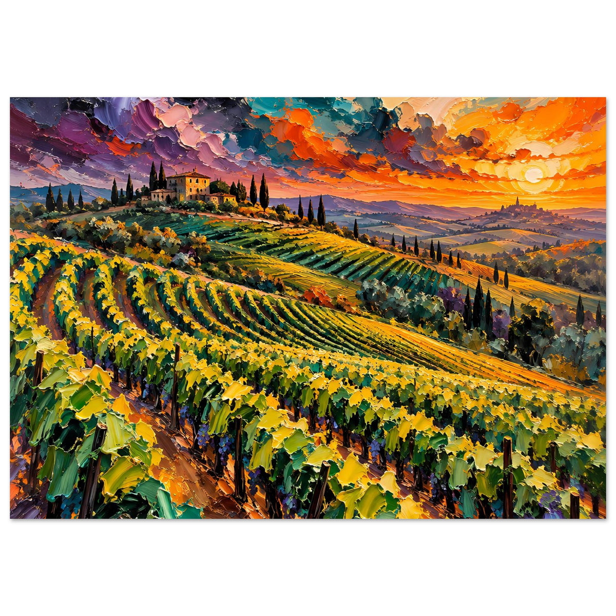 Landschaftsposter mit Weinbergen im Sonnenuntergang, gelben Rebreihen und farbigem Himmel