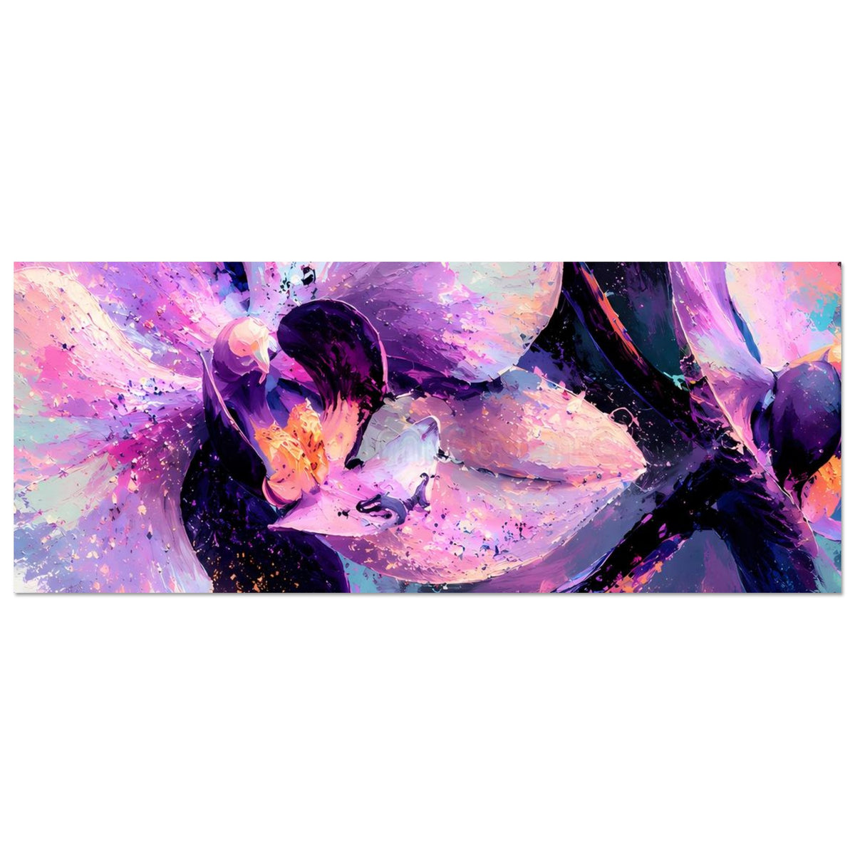 Horizontales abstraktes Neon-Orchideenblütenposter, violett und pink, mit Farb-Spritzern